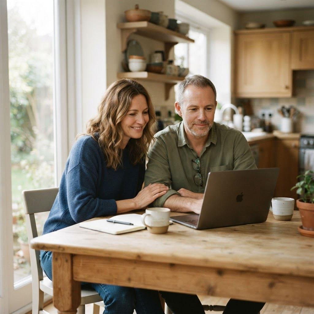 A couple reviewing their Relief Monitor account together at home